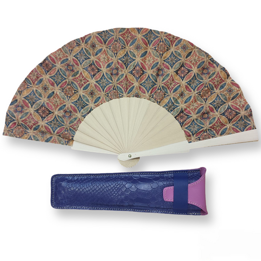 Abanico de corcho+funda de cuero